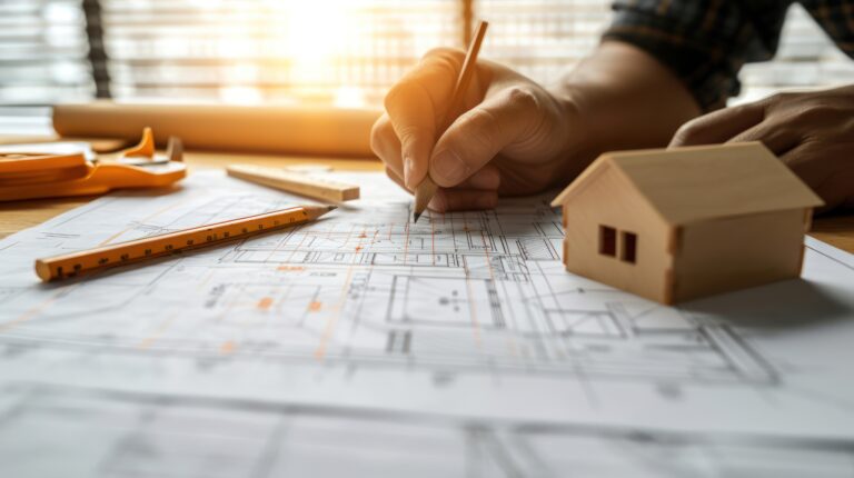 design-build custom home builder and remodler, set of plans being worked on with small house on a desk